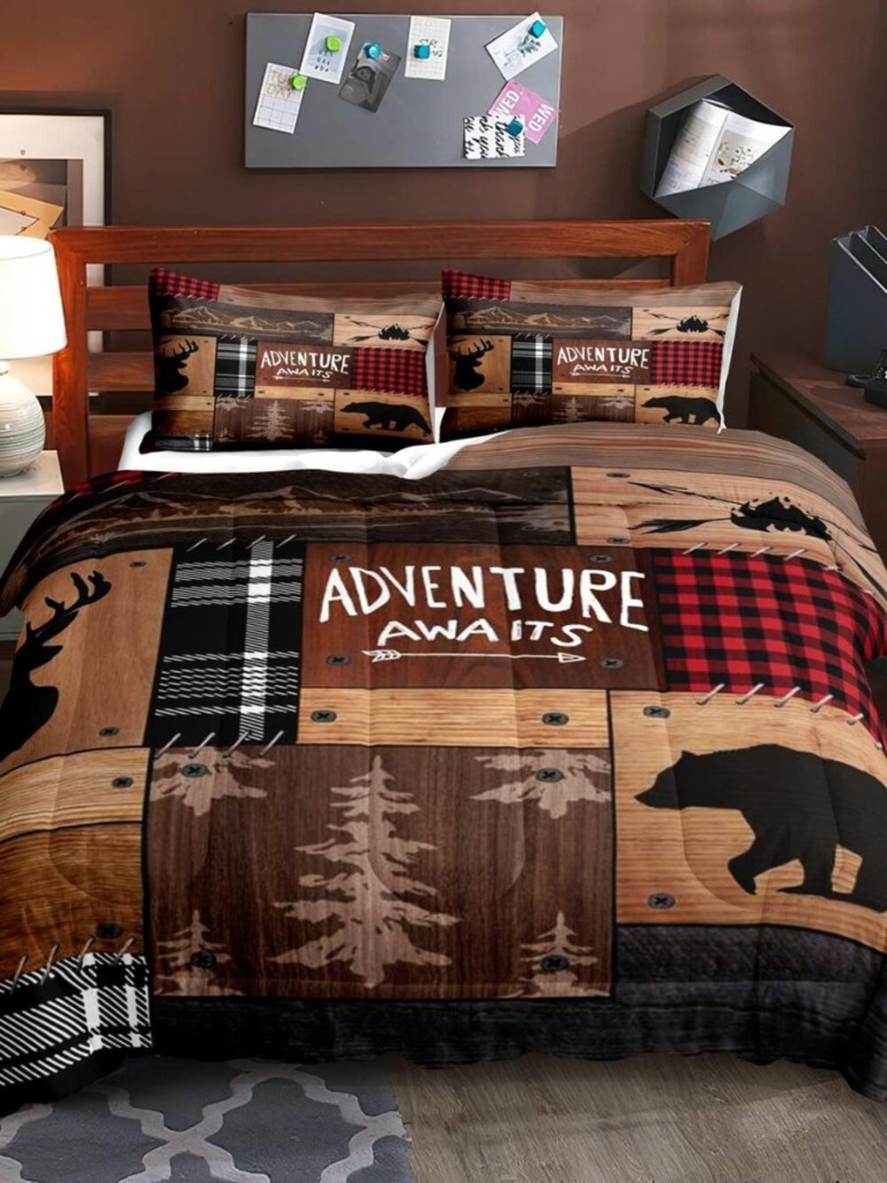 3PCS Rustic Cabin Comforter Set Queen Size, Farmhouse Bedding, Black Bear Deer